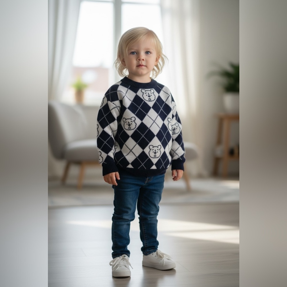Kids' Navy Argyle Sweater with Bear Pattern